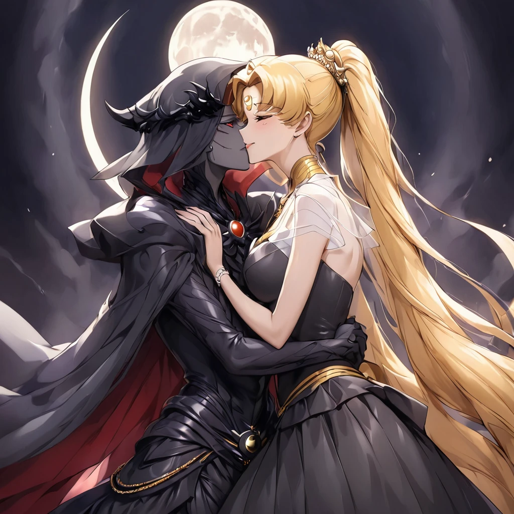 ((Highest quality)), ((masterpiece)), (detailed), (Perfect Face)、Black moon mark on forehead、The woman is Black Serenity, the noble dark queen of the Black Moon clan and has blonde hair.2The woman, Princess Serenity, has long hair tied in a ponytail and is embracing the strong and evil demon king, kissing him and getting married.、The woman has a black inverted crescent moon mark on her forehead, a gorgeous and glittering black gothic Victorian dress, a black veil and a black see-through cape, and is wearing luxurious jeweled accessories. She is the Queen of Darkness, the jet-black Princess Serenity, looking at the camera with a happy expression, and has the expression of a maiden in love.、A woman and a strong, evil demon king man embrace each other, kiss each other and get married.