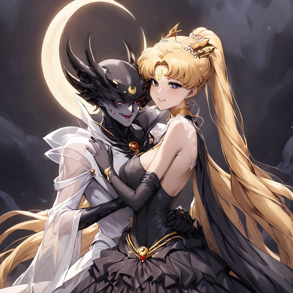 ((Highest quality)), ((masterpiece)), (detailed), （Perfect Face）、Black moon mark on forehead、The woman is Black Serenity, the noble dark queen of the Black Moon clan and has blonde hair.２The woman, Princess Serenity, has long hair tied in a ponytail and is embracing the strong and evil demon king, kissing him and getting married.、The woman has a black inverted crescent moon mark on her forehead, a gorgeous and glittering black gothic Victorian dress, a black veil and a black see-through cape, and is wearing luxurious jeweled accessories. She is the Queen of Darkness, the jet-black Princess Serenity, looking at the camera with a happy expression, and has the expression of a maiden in love.、A woman and a strong, evil demon king man embrace each other, kiss each other and get married.