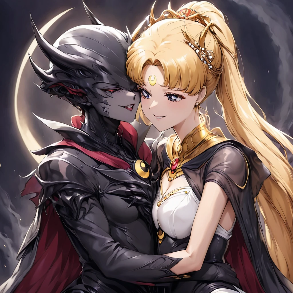 ((Highest quality)), ((masterpiece)), (detailed), (Perfect Face)、Black moon mark on forehead、The woman is Black Serenity, the noble dark queen of the Black Moon clan and has blonde hair.2The woman, Princess Serenity, has long hair tied in a ponytail and is embracing the strong and evil demon king, kissing him and getting married.、The woman has a black inverted crescent moon mark on her forehead, a gorgeous and glittering black gothic Victorian dress, a black veil and a black see-through cape, and is wearing luxurious jeweled accessories. She is the Queen of Darkness, the jet-black Princess Serenity, looking at the camera with a happy expression, and has the expression of a maiden in love.、A woman and a strong, evil demon king man embrace each other, kiss each other and get married.