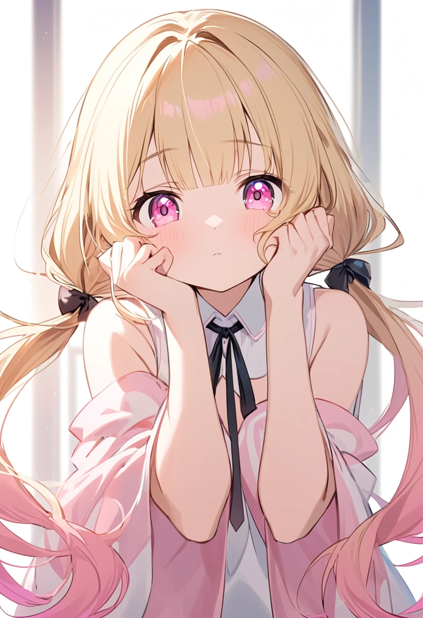 A young anime girl with long, wavy blonde hair tied in twin tails with pink gradient tips and pink eyes. She has long, straight side strands that frame her face, reaching down past her shoulders. Her bangs are long and straight, framing her face.