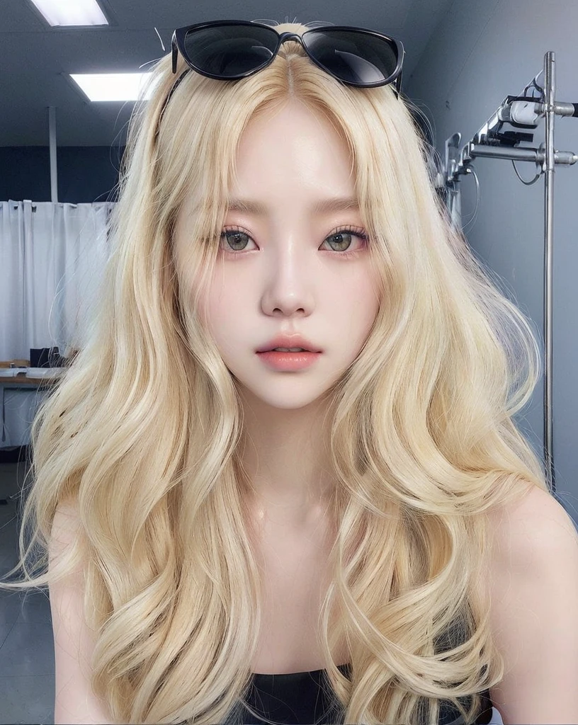 a closeup of a woman with long blonde hair wearing sunglasses, lalisa manobal, sun yunjoo, ulzzang, very very pale blonde hair, roseanne park by blackpink, jaeyeon nam, extremely pale blonde hair, kim doyoung, jinyoung shin, pale skin curly blonde hair, Her hair is white, kim taejin, heonhwa choe