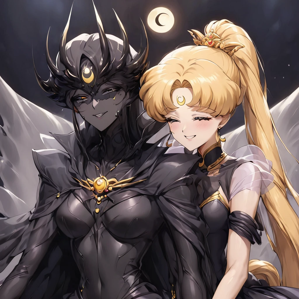 ((Highest quality)), ((masterpiece)), (detailed), （Perfect Face）、Black moon mark on forehead、The woman is Black Serenity, the noble dark queen of the Black Moon clan and has blonde hair.２The woman with long hair tied in a ponytail is Princess Serenity, and she is embracing the strong and evil demon king, kissing him and getting married.、The woman has a black inverted crescent moon mark on her forehead, a gorgeous and glittering black gothic Victorian dress, a black veil and a black see-through cape, and is wearing luxurious jeweled accessories. She is the Queen of Darkness, the jet-black Princess Serenity, looking at the camera with a happy expression, and has the expression of a maiden in love.