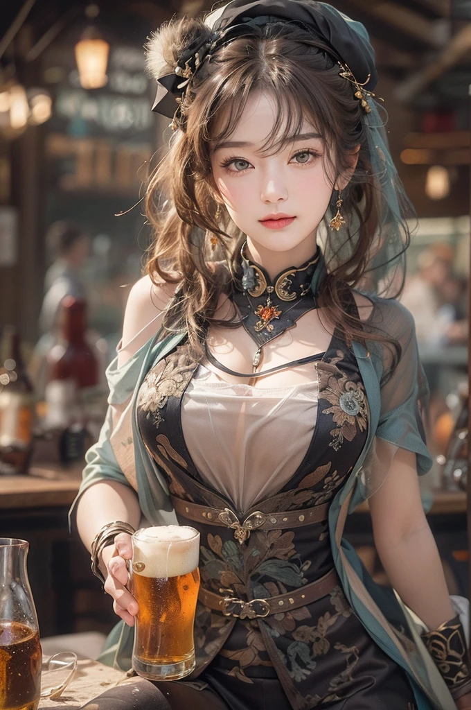 (masterpiece:1.3), (8k, Realistic, RAW Photos, Best image quality: 1.4), Japanese 、18-year-old,(Random Hairstyles:1.2)、Cleavage:1.2、Highly detailed face、Attention to detail、double eyelid、Chest to chest、Sharp focus:1.2、Beautiful woman:1.4、Light brown hair、Highest quality、masterpiece、Ultra-high resolution、(Realistic:1.4)、Highly detailed and professionally lit smiles、Loose fitting steampunk outfit、Shoulder out、thin、Serious expression、drinking beer at bar
