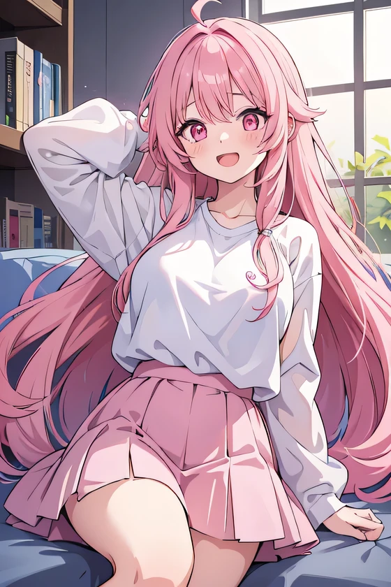 girl, cute anime girl, laughing, open mouth, beautiful hair style, pink hair, long hair, messy hair, big eyes, pink eyes, big tits, blushing, girl