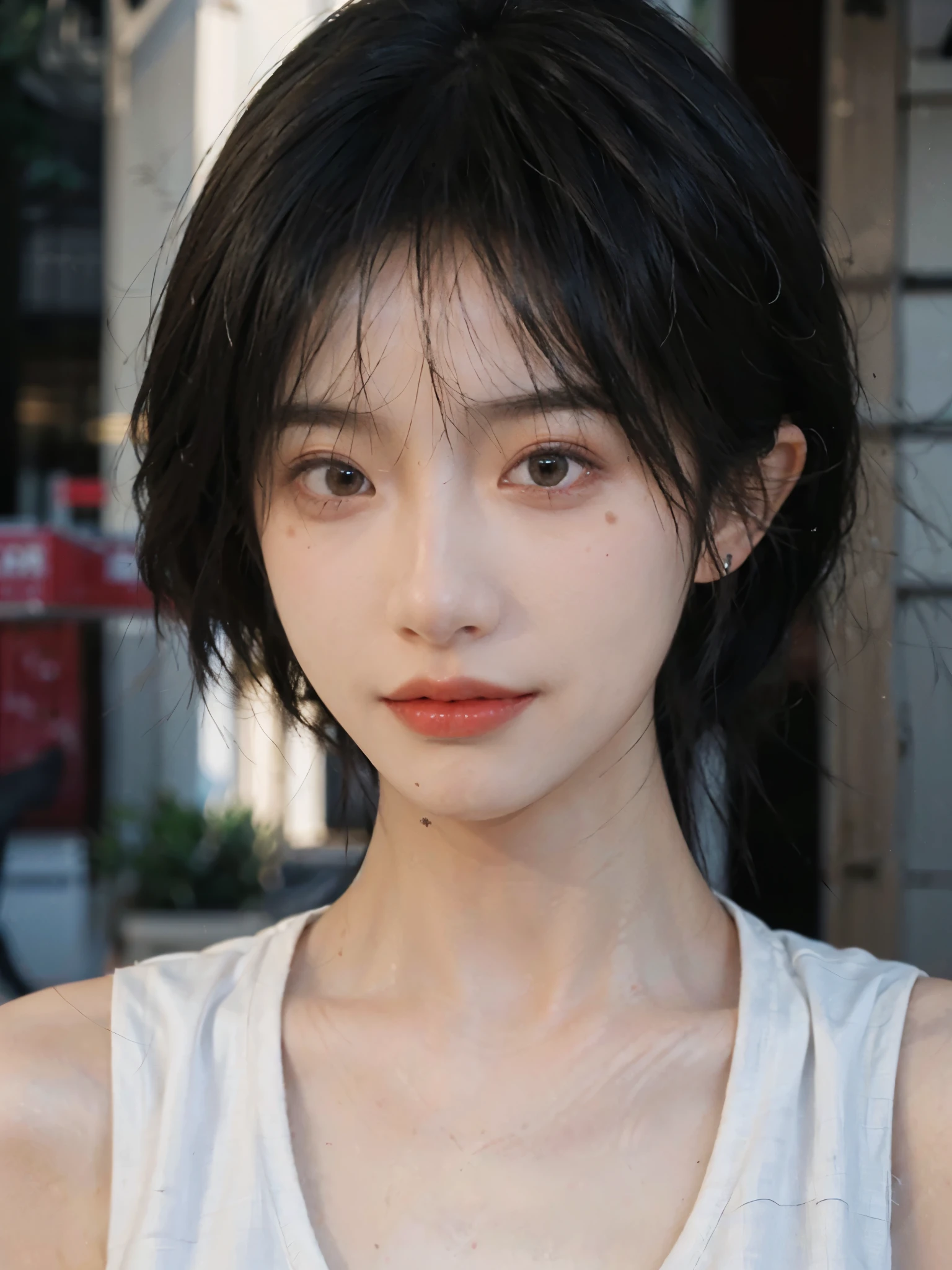 (smooth skin textures:1.3), Lipstick, Upper body,Upper Body,background, earrings, serene, calm, (Dress conservatively:1.6),(Realistic and detailed eyes:1.2), Natural skin texture, Realistic facial details, Soft dramatic lighting, Vivid details, outdoor, (Photo Practical:1.4), (hyper Practical:1.4), (Practical:1.3), (Improve lighting quality:0.9), (Highest quality real skin textures:1.4), (Enhance the beauty of skin texture:1.1), Hair details, model, short hair, Moles under the eyes, Portrait Photography, Depth of Field, Bokeh, Surrealism, Ray Tracing, (Portrait Photography:1.1), Surrealism, High Detail, Chiaroscuro, Ray Tracing, reflected light, Ultra HD, Ultra HD, masterpiece, Textured Skin, Super Detail, High Detail, high quality, best quality