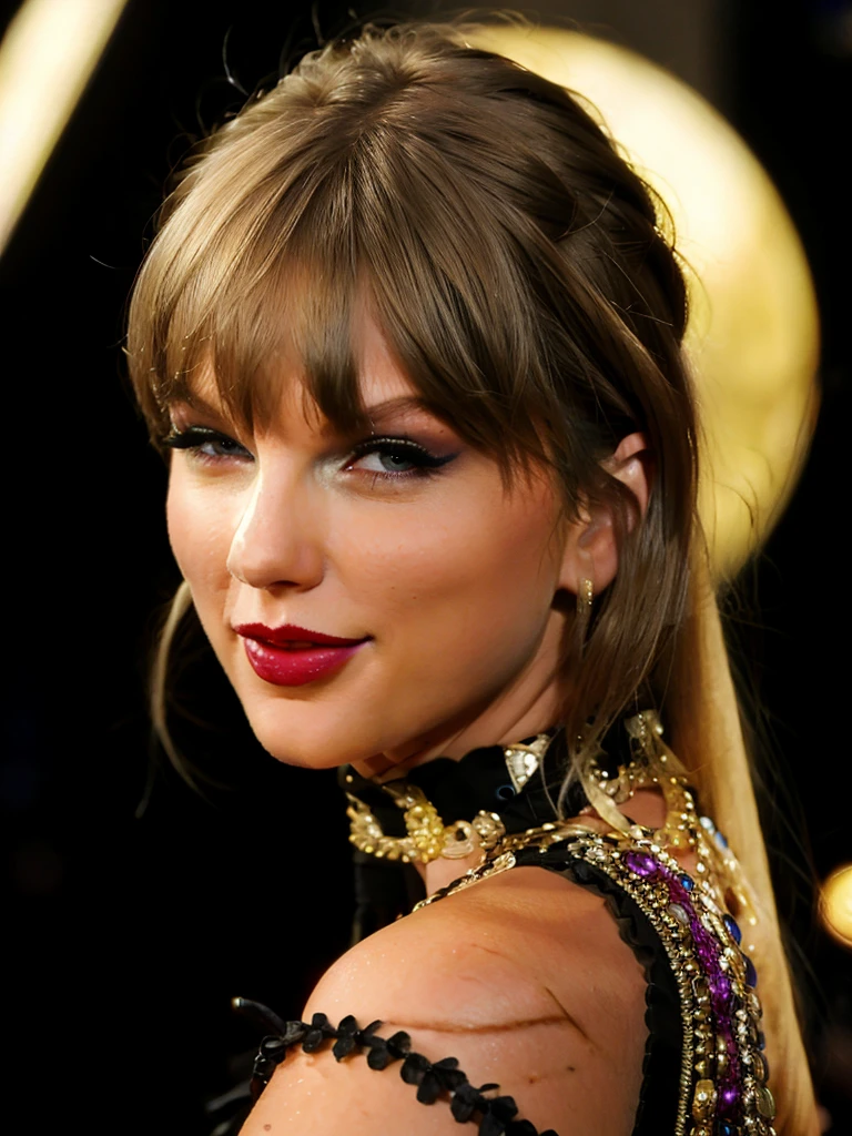 photorealistic portrait of 1 woman, xtaylor, swift, detailed lips, extremely detailed face, makeup, sexy black gothic dress, corset, holding a microphone, from the waist up, on the scene, (best quality,4k,8k,highres,masterpiece:1.2),ultra-detailed,(realistic,photorealistic,photo-realistic:1.37),studio lighting,vivid colors,portrait