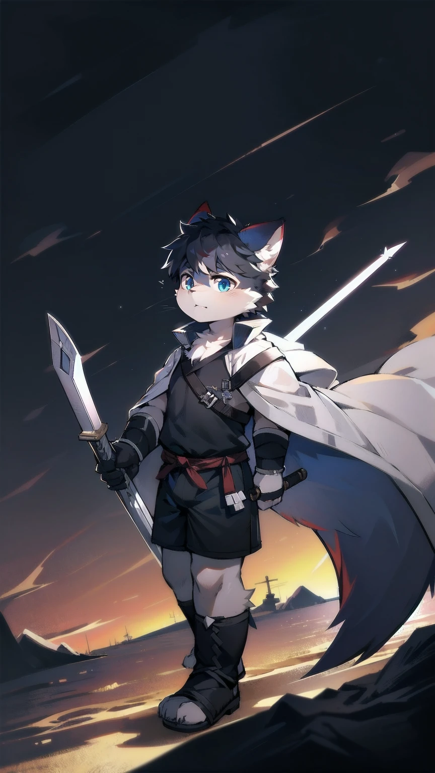 White Wolf，black hair，Sky blue eyes，hairy，Wolf ears，Wolf tail，Full body portrait，The character is in the center of the frame，Handsome，Confident eyes，male，juvenile，Black and white combat uniform，Red neck bib，Black shorts，Short sleeve，hairy arms and legs，Dark background，Dark battlefield，dawn，sunrise，dawn，illumination，shadow，Swordsman，Scabbard and sword，Hold the hilt of a sword in your hand，The scabbard is at the waist，Highest quality
