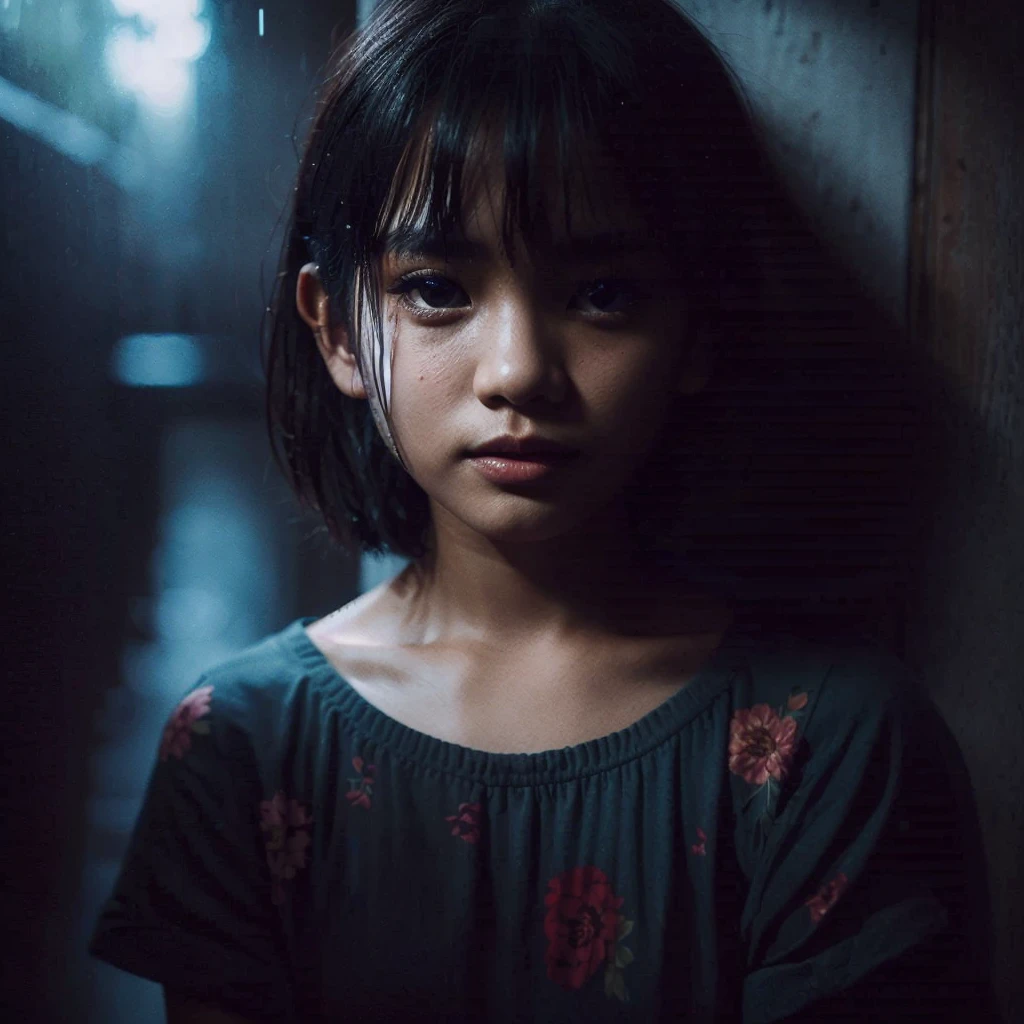 Best quality, ultra high result, (photorealistic:1.5), an indonesian girl, offshoulder, in the dark, in the rainy, deep shadow, low key, cold light, short hair