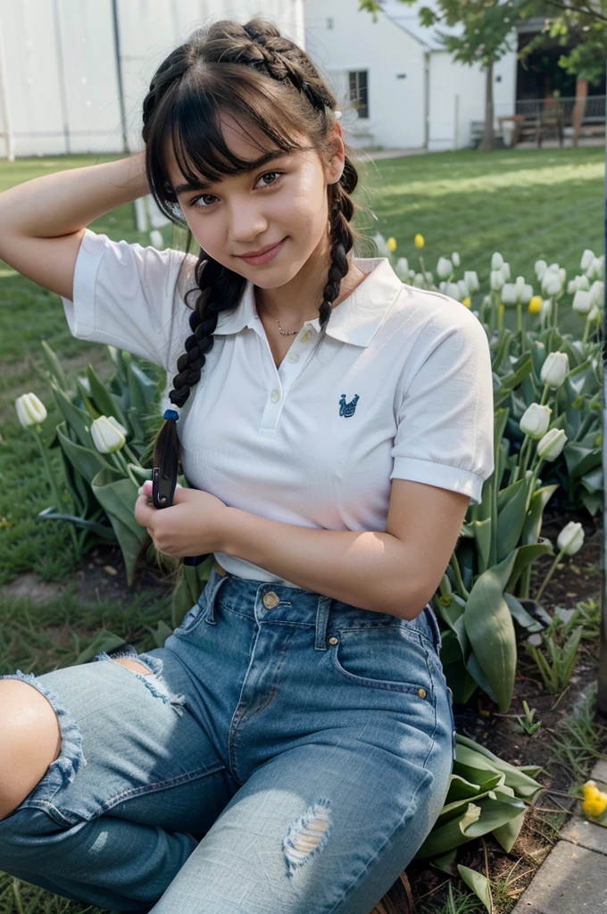 A girl with blue angel wings, a beautiful smile, holding a phone taking pictures, sunlight shining on her face, eyes looking at the boy in front, hair studded with tulips, skin as white as peeled eggs, bangs long black braided hair, wearing jeans, polo shirt, posing, surrounded by green grass with grazing cows