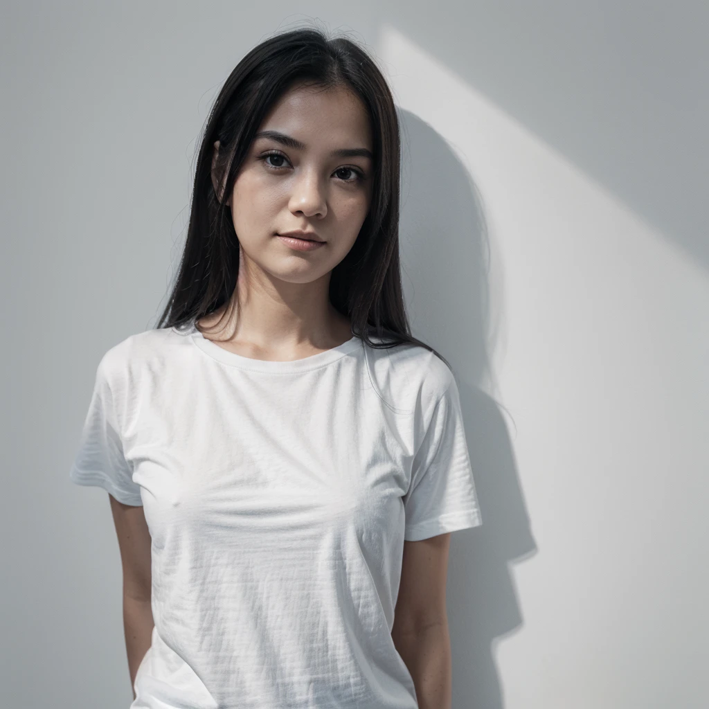Potrait view of a Black t-shirt distro (t-shirt only), Hanging on the wall in the front, portrait product, promotion, dish, detailed, and gray hue, white background, shadow effect, on a plain white photorealistic background.