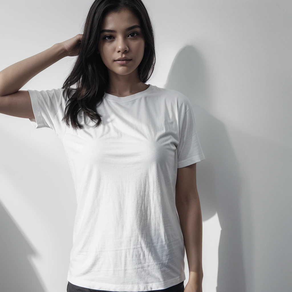 Potrait view of a Black t-shirt distro (t-shirt only), Hanging on the wall in the front, portrait product, promotion, dish, detailed, and gray hue, white background, shadow effect, on a plain white photorealistic background.
