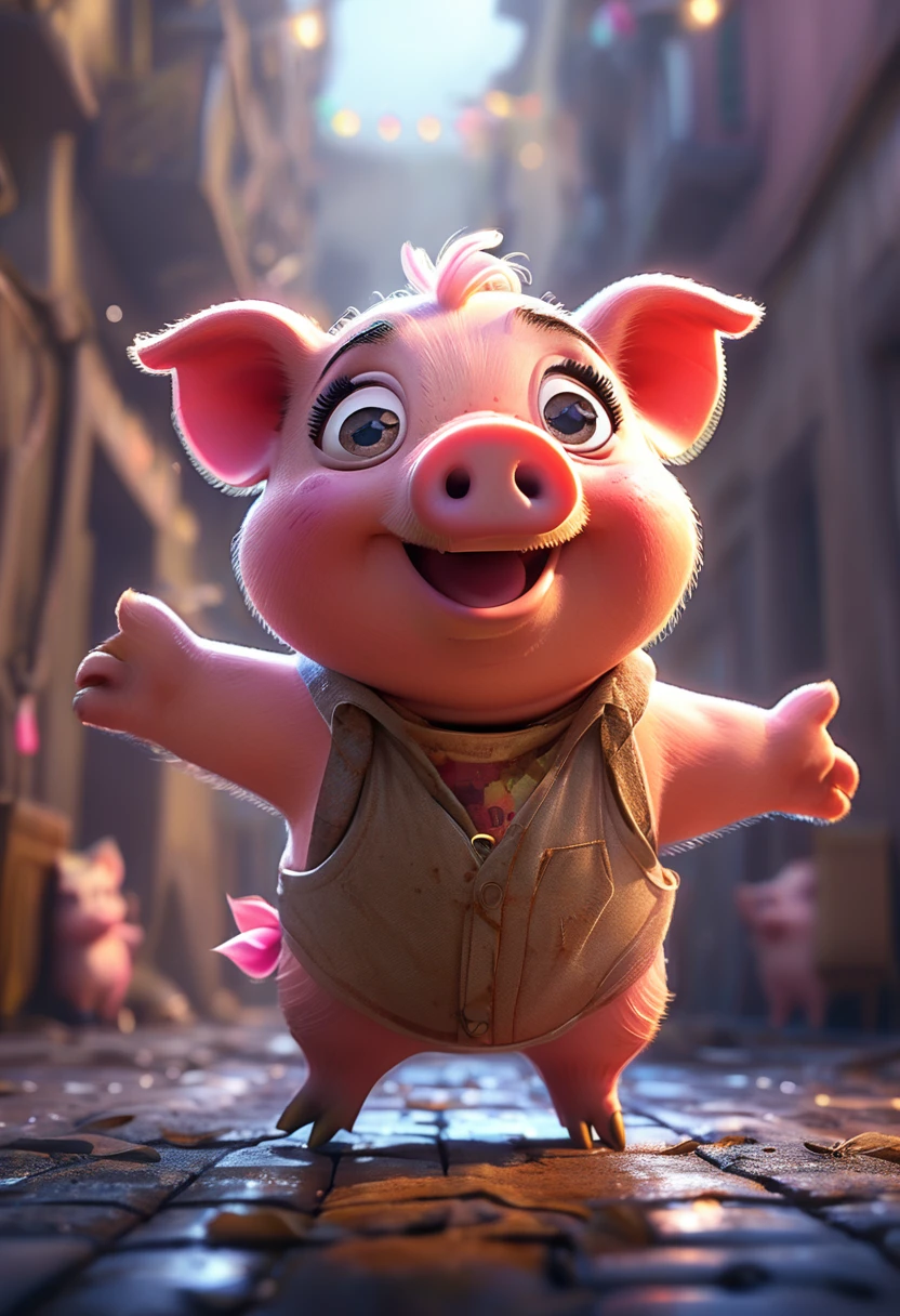 cute pink piggy, cartoon,arms, hands ,cute eyes, big pig ears,looking at viewer, arms up, dirty effects, particles, random, dirty background, clothes, dirty, pig