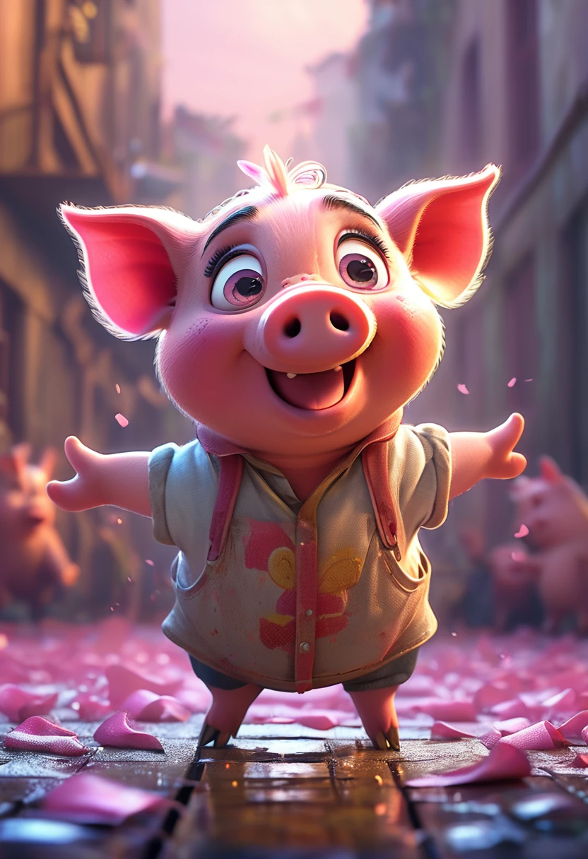 cute pink piggy, cartoon,arms, hands ,cute eyes, big pig ears,looking at viewer, arms up, dirty effects, particles, random, dirty background, clothes, dirty, pig