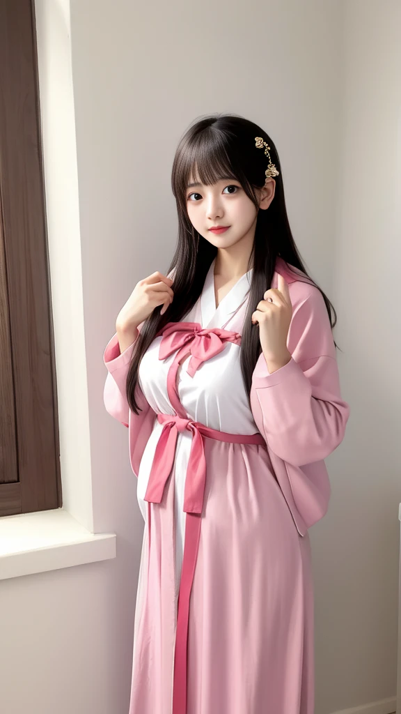 Pregnant woman with five breasts, clothes can't cover the exposed huge belly and there are fetal movements