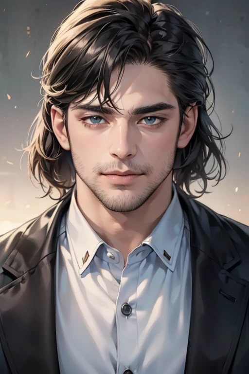 (best quality,4k,8k,highres,masterpiece:1.2),ultra-detailed,(realistic,photorealistic,photo-realistic:1.37),30 year old man,3 day beard,handsome anime,portraits,strong,masculine,dark hair,sharp jawline,mesmerizing eyes,perfectly styled hair,cool anime outfit,confident expression,vibrant colors,dynamic lighting, CEO and expression smile in love.