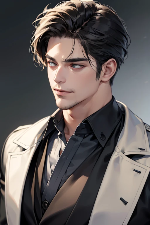 (best quality,4k,8k,highres,masterpiece:1.2),ultra-detailed,(realistic,photorealistic,photo-realistic:1.37),30 year old man,3 day beard,handsome anime,portraits,strong,masculine,dark hair,sharp jawline,mesmerizing eyes,perfectly styled hair,cool anime outfit,confident expression,vibrant colors,dynamic lighting, CEO and expression smile in love.