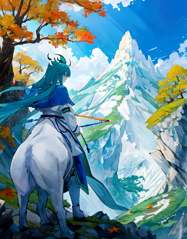 A sacred mountain，Blue, green and white，Fall，landscape，The back of the warrior，Anime style