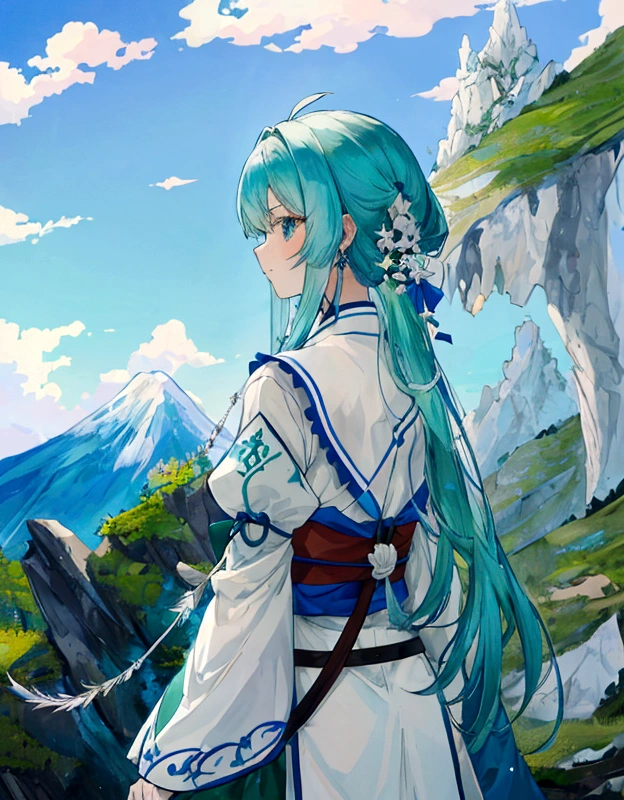 A sacred mountain,Blue, green and white,Fall,landscape,The back of the warrior,Anime style