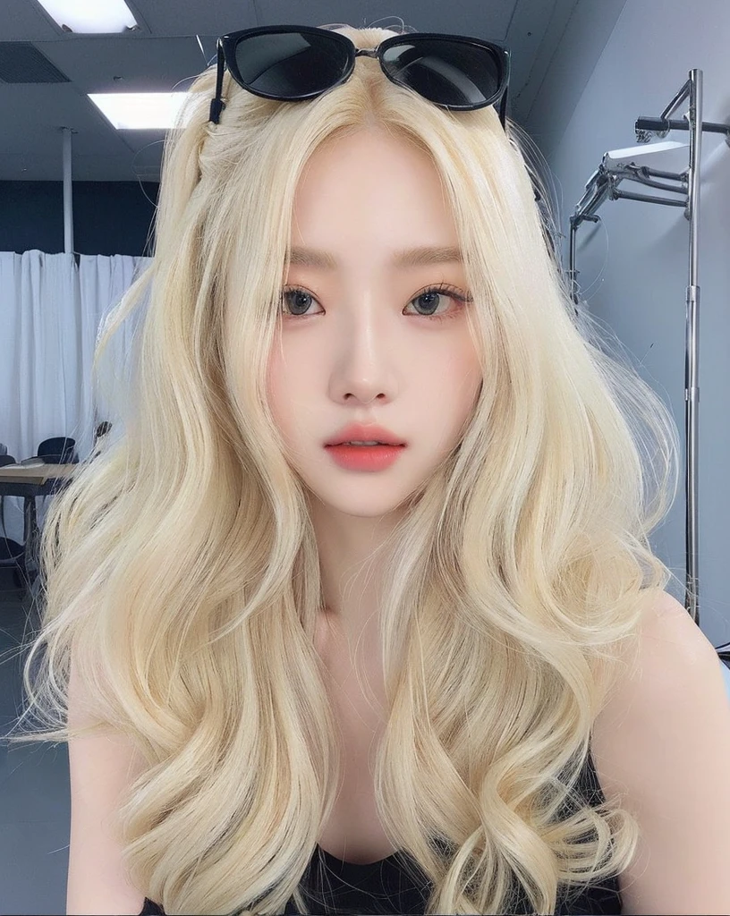 a closeup of a woman with long blonde hair wearing sunglasses, lalisa manobal, sun yunjoo, ulzzang, very very pale blonde hair, roseanne park by blackpink, jaeyeon nam, extremely pale blonde hair, kim doyoung, jinyoung shin, pale skin curly blonde hair, Her hair is white, kim taejin, heonhwa choe