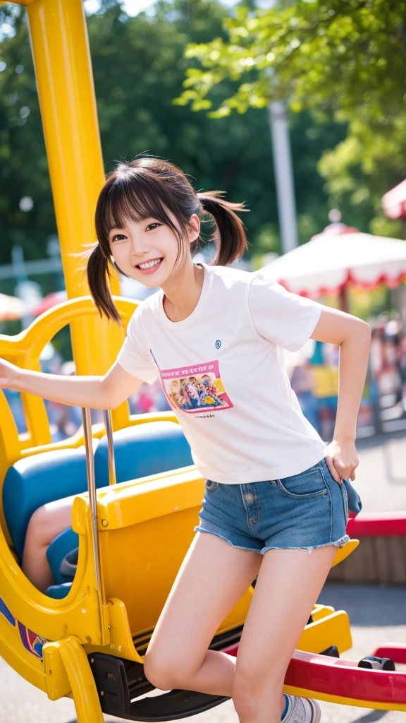 Photorealistic, high-quality 32k photo of a beautiful Japanese girl in a cute and casual outfit, with detailed eyes and an excited smile, enjoying a day at an amusement park. She’s wearing a comfortable tee and shorts with canvas shoes, her hair tied in a playful ponytail. The image captures her full body with colorful rides and attractions in the background, focusing on her joyous expression and the fun-filled park atmosphere, Two Women
