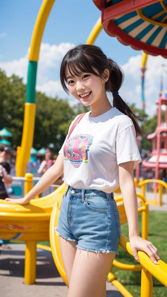 Photorealistic, high-quality 32k photo of a beautiful Japanese girl in a cute and casual outfit, with detailed eyes and an excited smile, enjoying a day at an amusement park. She’s wearing a comfortable tee and shorts with canvas shoes, her hair tied in a playful ponytail. The image captures her full body with colorful rides and attractions in the background, focusing on her joyous expression and the fun-filled park atmosphere, Two Women