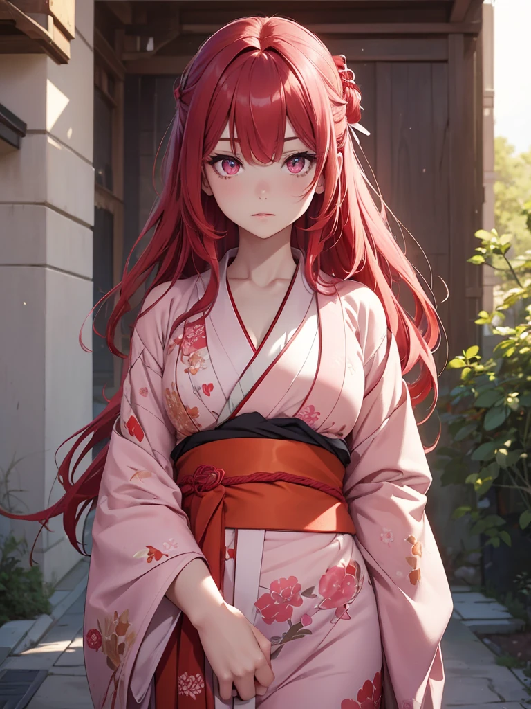 (8K, Best Quality, Masterpiece, Ultra High Resolution) 1 Girl, Beautiful Eyes, Face Details, Long Red Hair, Tied Up Hair, Pink Eyes, Pale Skin, Wearing Red Kimono, Pink Details, Holding Katana Standing Outside, Best Quality, Upper Body, Looking at the Viewer, Facing Viewer, Close Up