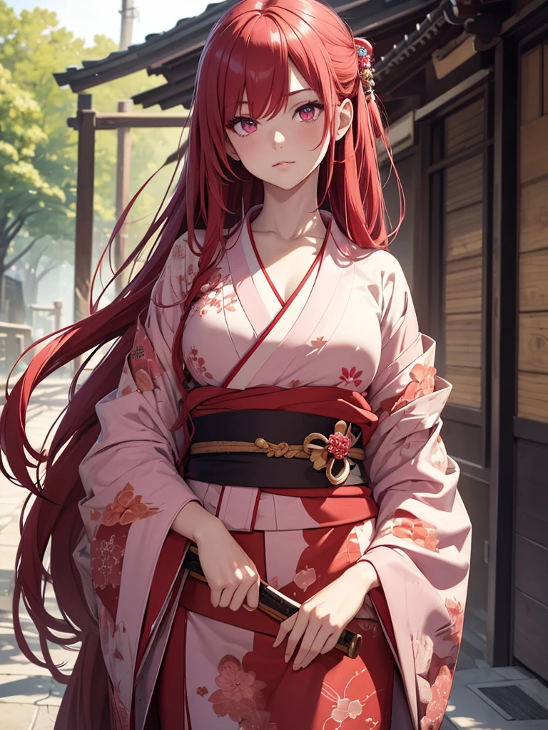 (8K, Best Quality, Masterpiece, Ultra High Resolution) 1 Girl, Beautiful Eyes, Face Details, Long Red Hair, Hair, Pink Eyes, Pale Skin, Wearing Red Kimono, Pink Details, Holding Katana Standing Outside, Best Quality, Upper Body, Looking at the Viewer, Facing Viewer, Close Up
