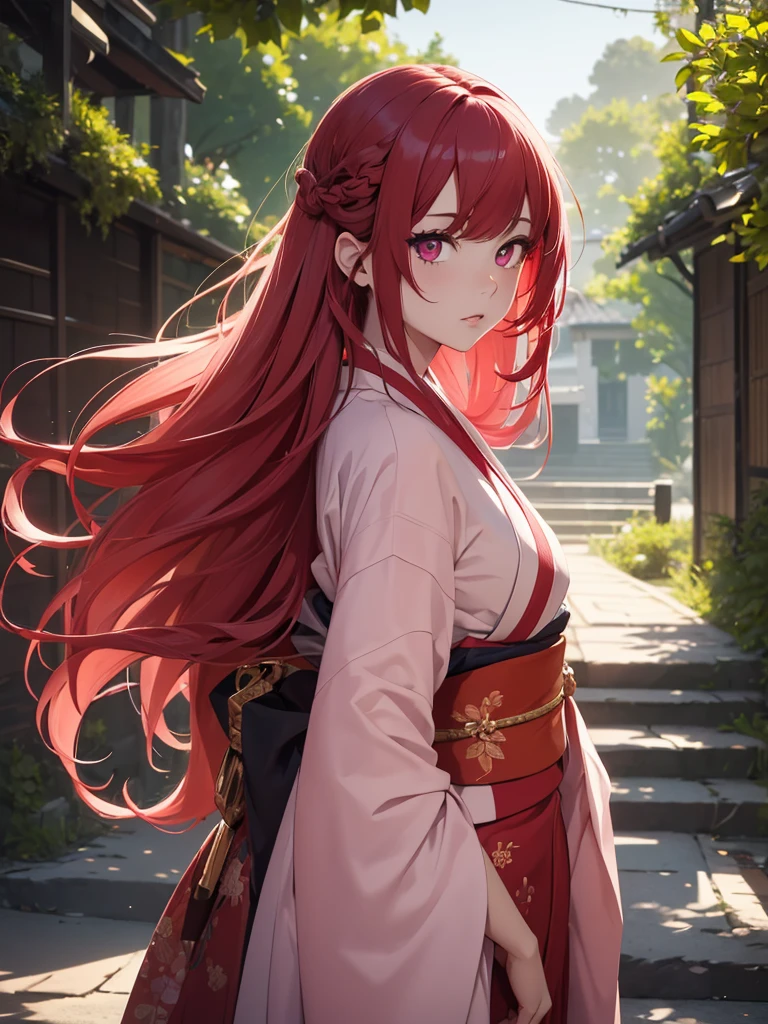 (8K, Best Quality, Masterpiece, Ultra High Resolution) 1 Girl, Beautiful Eyes, Face Details, Long Red Hair, Tied Up Hair, Pink Eyes, Pale Skin, Wearing Red Kimono, Pink Details, Holding Katana Standing Outside, Best Quality, Upper Body, Looking at the Viewer, Facing Viewer, Close Up