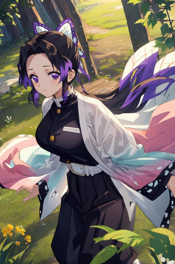 (masterpiece:1.3), (best quality:1.1), (8k, ultra detailed, ultra high res:1.2), ((anime style)), perfect 5 fingers, perfect anatomy,
1girl,
Shinobu Kochou,
BREAK long hair, wavy hair,
black hair, hair intakes, gradient hair,
purple eyes, bow in hair,
(large breasts:0.9),
BREAK black shirt, black tethered pants, white haori, looking at viewer,
BREAK cowboy shot, perfect light, outdoors, forest,