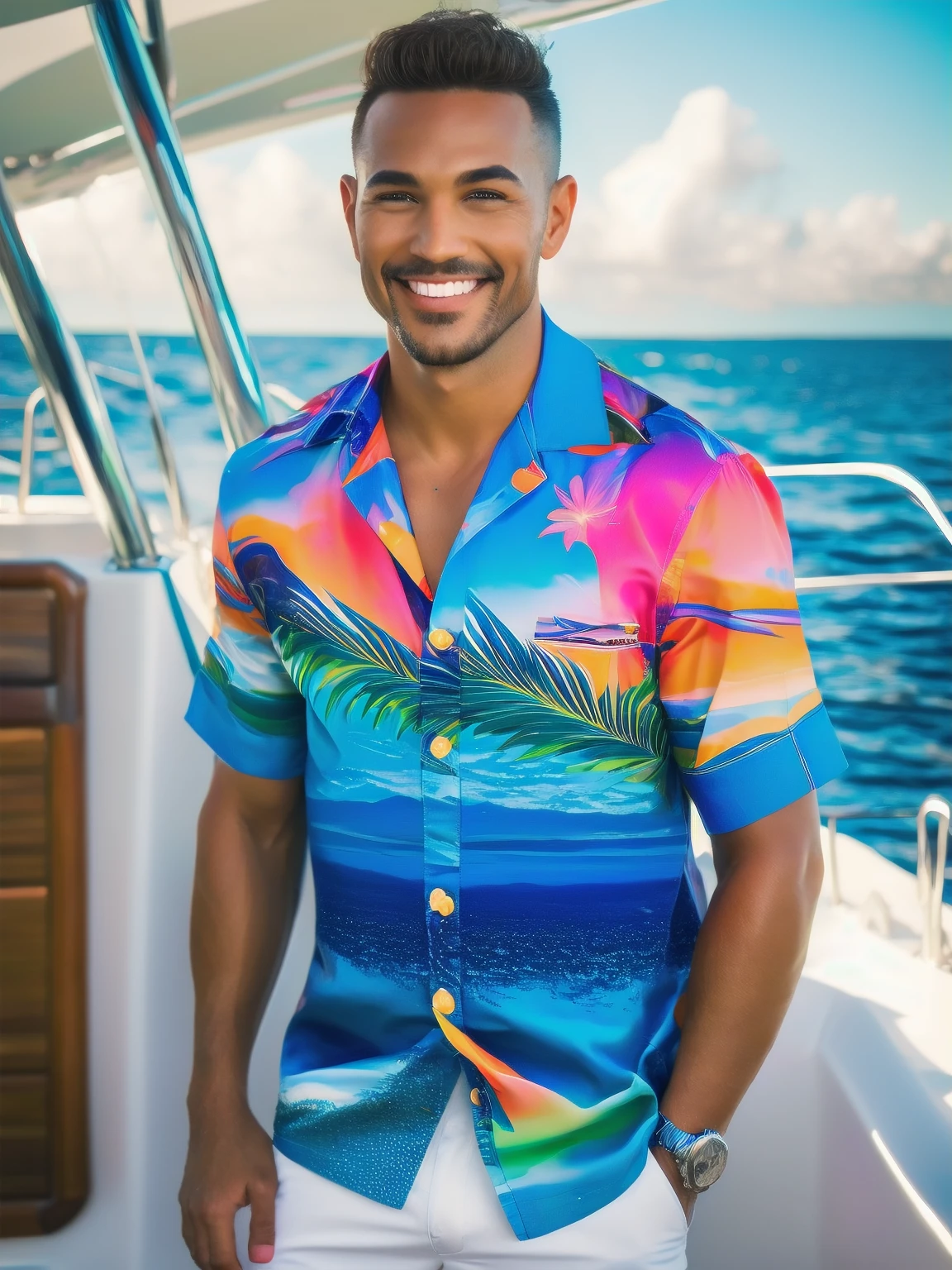 a handsome man, Todder8, Todder1 short hair, perfect facial features, RAW, UHD, 8K, looking at camera, on a yacht at sea, vacation photography, island paradise, colorful Hawaiian shirt, photorealistic, dynamic lighting, perfect day, [smiling]