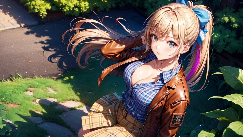 1girl, solo, ((upper view)), full body, summer, village, trees, sun, clouds, ((colorful hair)), ponytail, large full breasts, ((brown leather jacket)), button down shirt, ((blue checked shirt)), ((short sleeved shirt)), ((unbuttoned shirt)), unbuttoning buttons, cleavage 1:3, brown eyes, skirt, smile, looking at the viewer, standing, hair ribbon, golden necklate