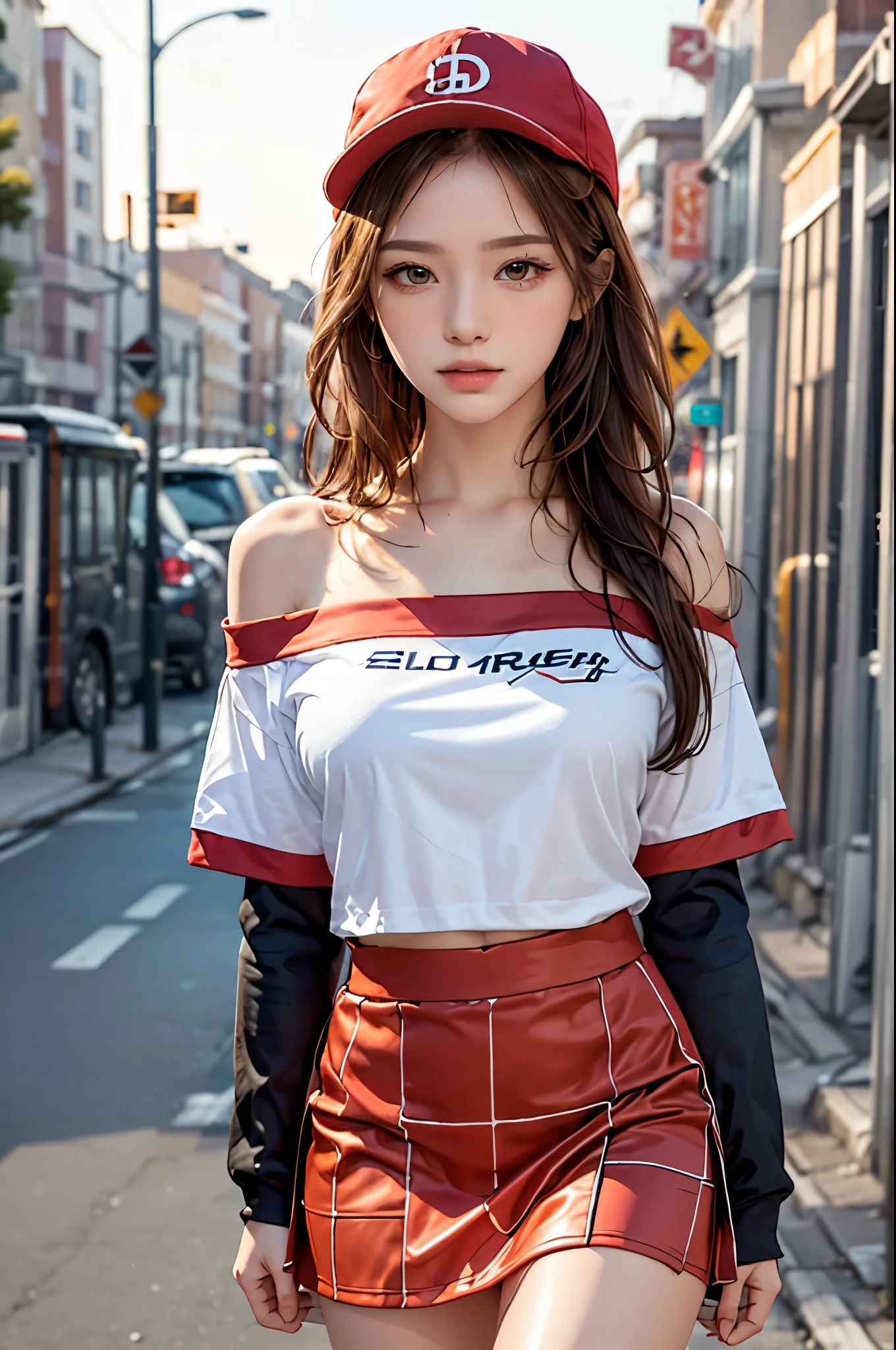 Wear a baseball cap at an angle、Oversized T-shirt、Red checked mini skirt、Knee-high boots、Highest quality, masterpiece, Ultra-high resolution, (Realistic:1.4), RAW Photos, One Girl, Off the shoulder, In the Dark, Deep Shadow, Moderate, Night Alley, short hair, roadside,walk, 20-year-old,Cute face, Tight shirt,(head shot:1.5)