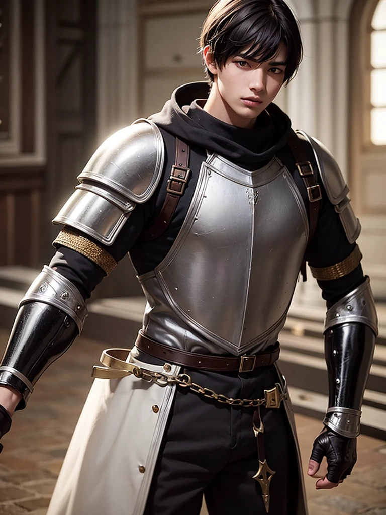 18 year old young man, medieval clothing, black hair, black eyes, white skin, realistic skin, short hair, black armor