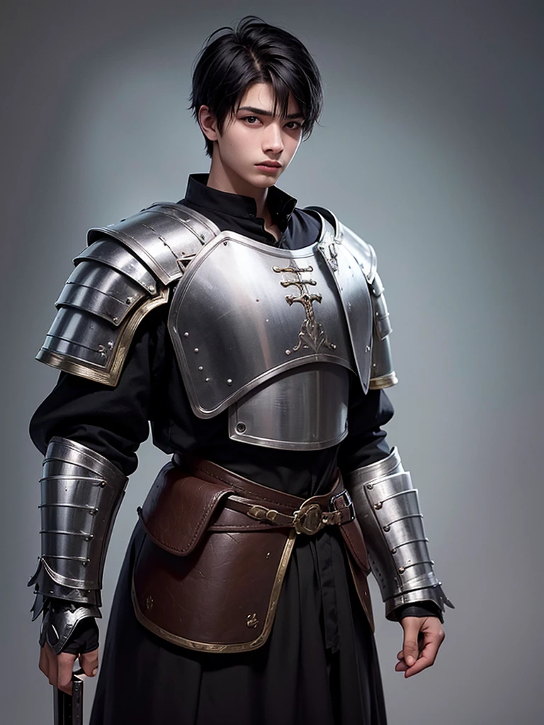 18 year old young man, medieval clothing, black hair, black eyes, white skin, realistic skin, short hair, black armor