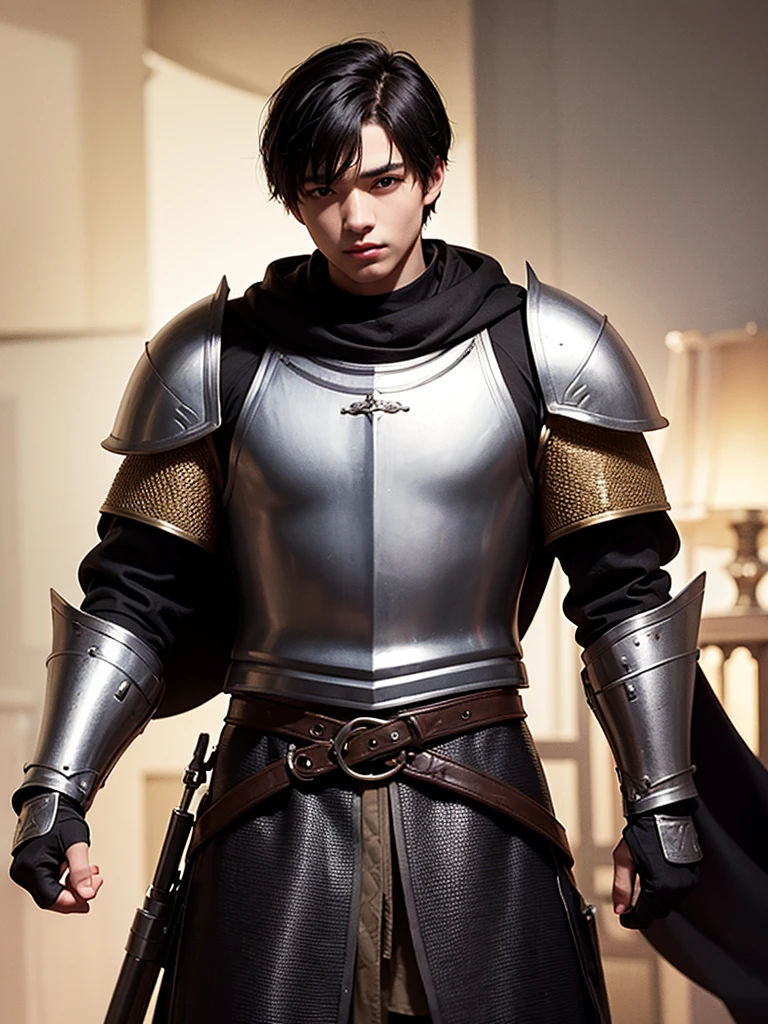 18 year old young man, medieval clothing, black hair, black eyes, white skin, realistic skin, short hair, black armor