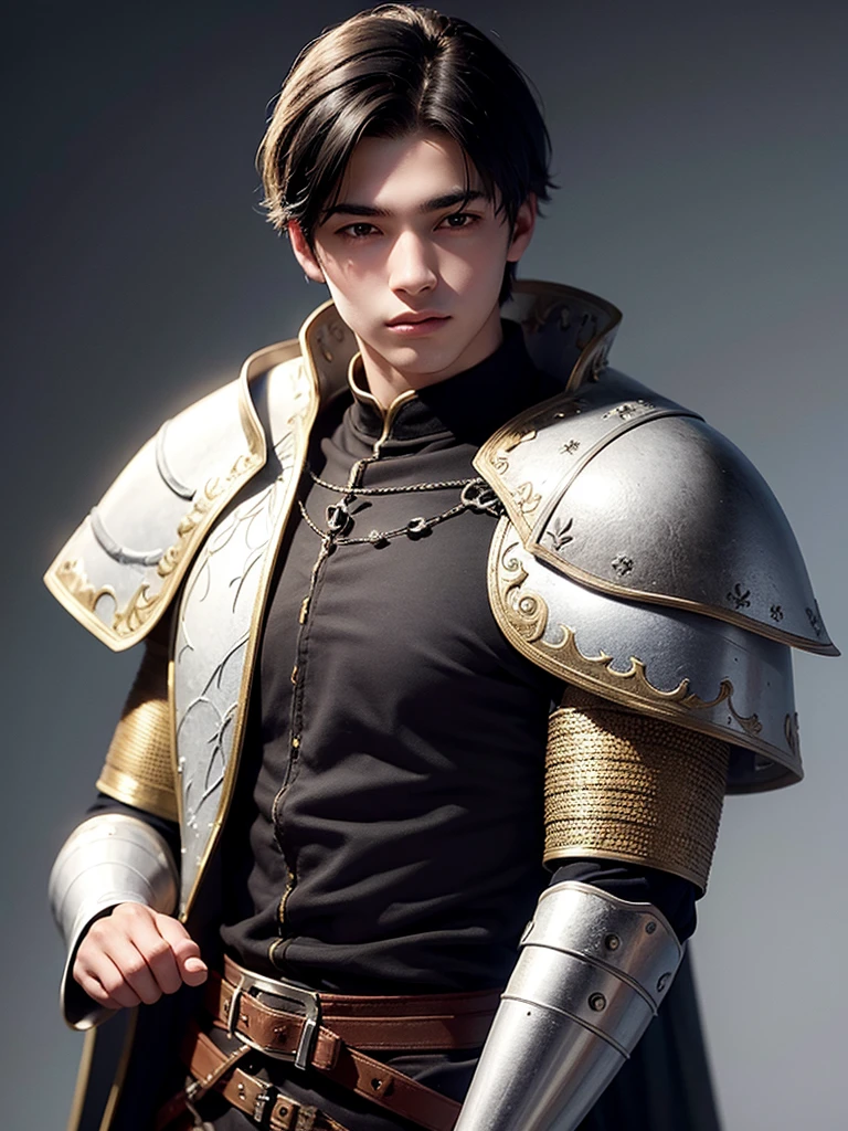 18 year old young man, medieval clothing, black hair, black eyes, white skin, realistic skin, short hair, black armor