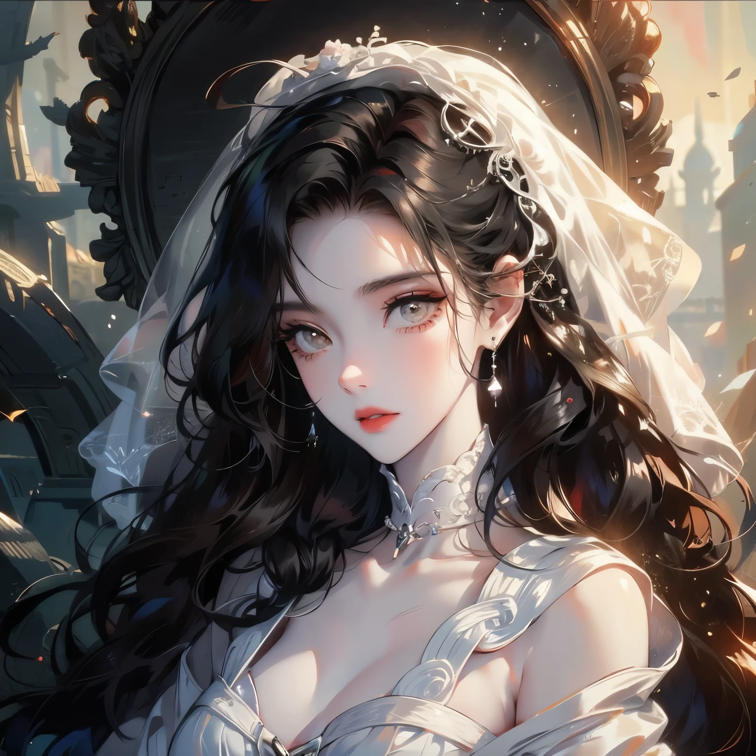 Young woman with white skin and black hair with lots of curls, artistry, colors, creative, surreal, awesome