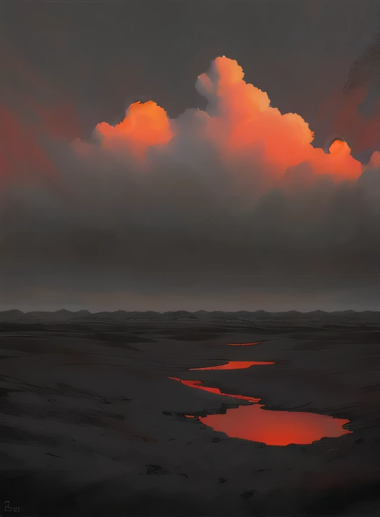 Drawing a mysterious place,Empty red sky, Red lake,Lots of white space, A cloud floats over the desert nuclear wasteland at night, desolate, Weird atmosphere, (Dark and gloomy:1.4), (Lonely:1.Eschatological:1.2).Hyper realistic texture, Empty space, Low Angle of View, Achieved using the fd 2 lens, panoramic