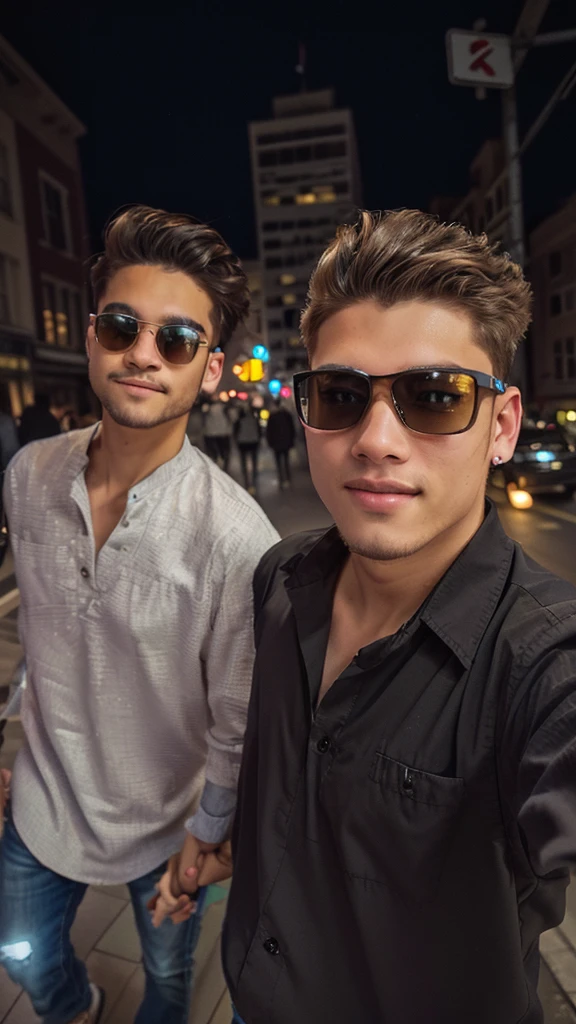 they are two men walking down the street holding hands, candid picture, with accurate face, selfie photography, in city street, cute boys, with lovely look, taken with sony alpha 9, photo taken with canon 5d, shot on nikon z9, selfie photo, very artistic pose, taken with the best dlsr camera, candid photography, stylish pose, casual photography