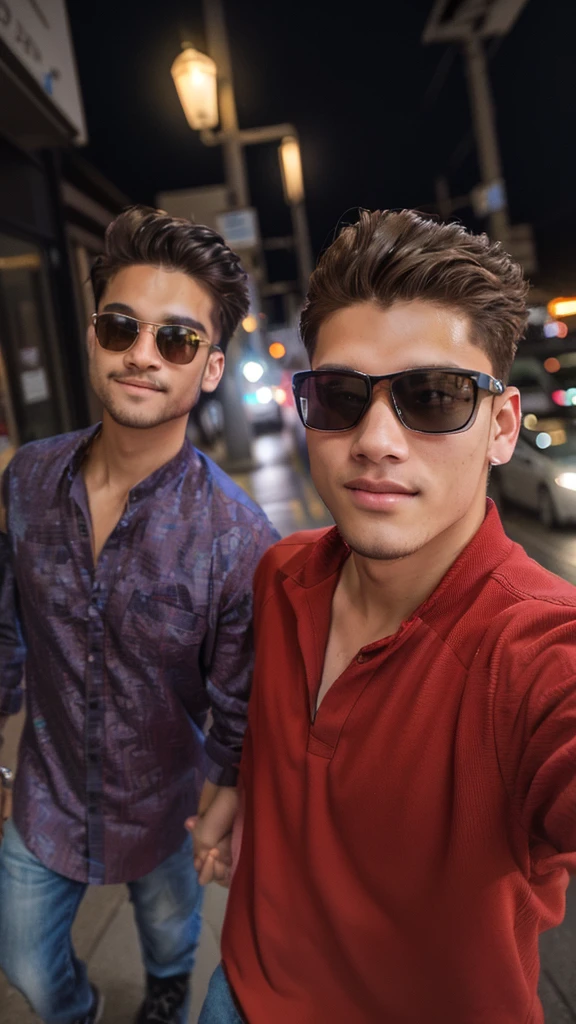 they are two men walking down the street holding hands, candid picture, with accurate face, selfie photography, in city street, cute boys, with lovely look, taken with sony alpha 9, photo taken with canon 5d, shot on nikon z9, selfie photo, very artistic pose, taken with the best dlsr camera, candid photography, stylish pose, casual photography