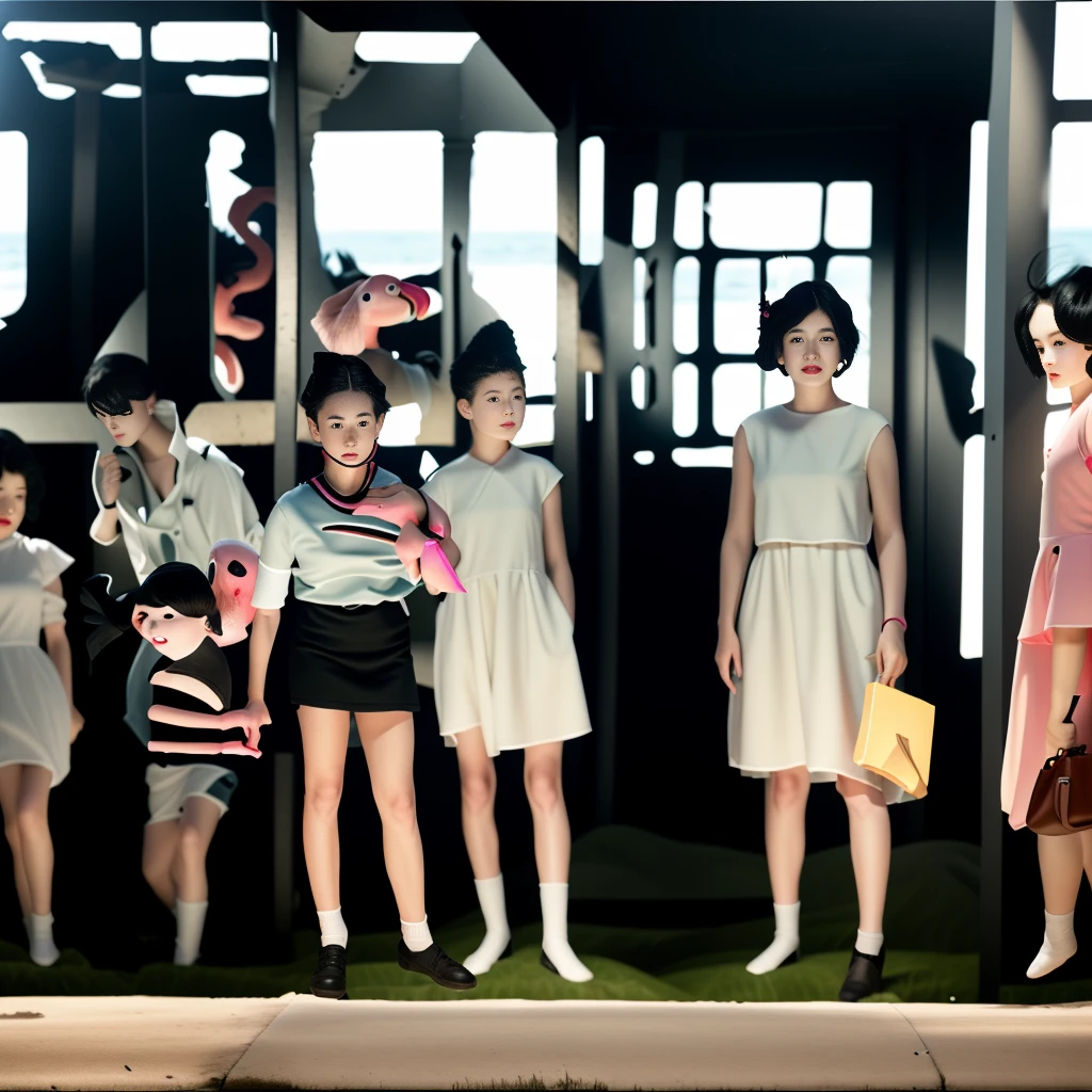 A daylight stock photo of stage, bay, weeds, grave, girl, person, and curtsy. black hair, A sharp difference in can on boat offshore. Small beacon, colcrop, flourishing field, and smoky illumination. With flamingo homunculus.