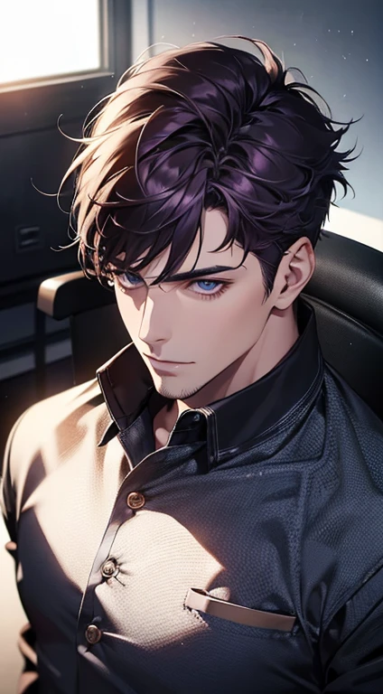 (best quality,4k,8k,highres,masterpiece:1.2),ultra-detailed,(realistic,photorealistic,photo-realistic:1.37),1 man,31 years old,mature man,very handsome,without expression,smile,short purple hair,blue eyes,penetrating gaze,perfect face without errors,imposing posture,businessman,office background,cinematic lighting,hdr image