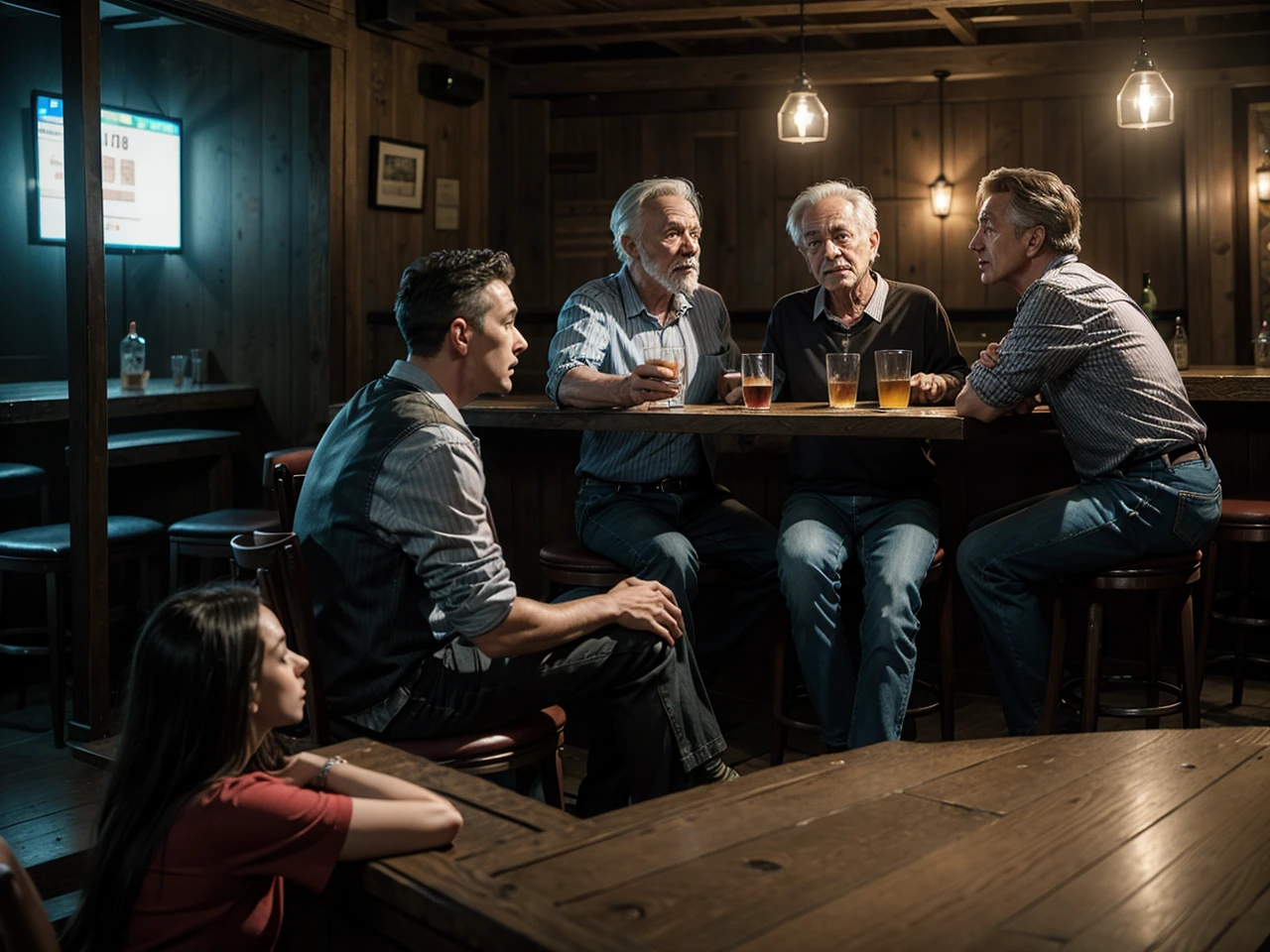 Three old friends arguing in a bar at night