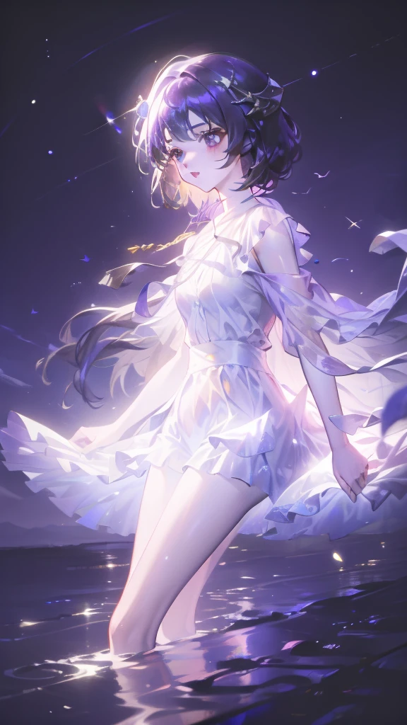 (8K, Top quality, masterpiece: 1.2), (Practical, photoPractical: 1.37), Super Detail, A girl, Wide viewing angle, Firefly Garden, Many faint little lights and fireflies flew around, night