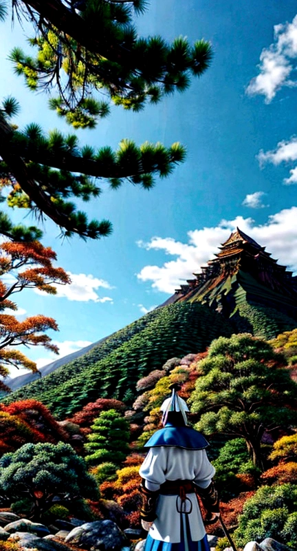 A sacred mountain,Blue, green and white,Fall,landscape,The back of the warrior,Anime style