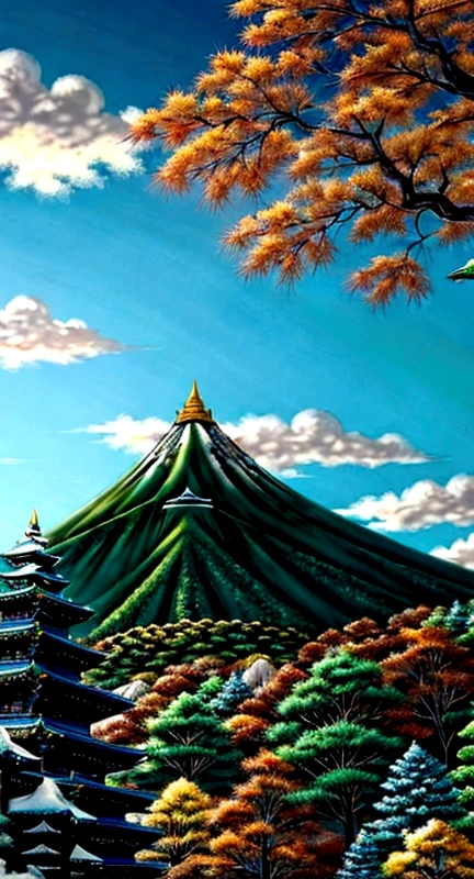 A sacred mountain，Blue, green and white，Fall，landscape，The back of the warrior，Anime style