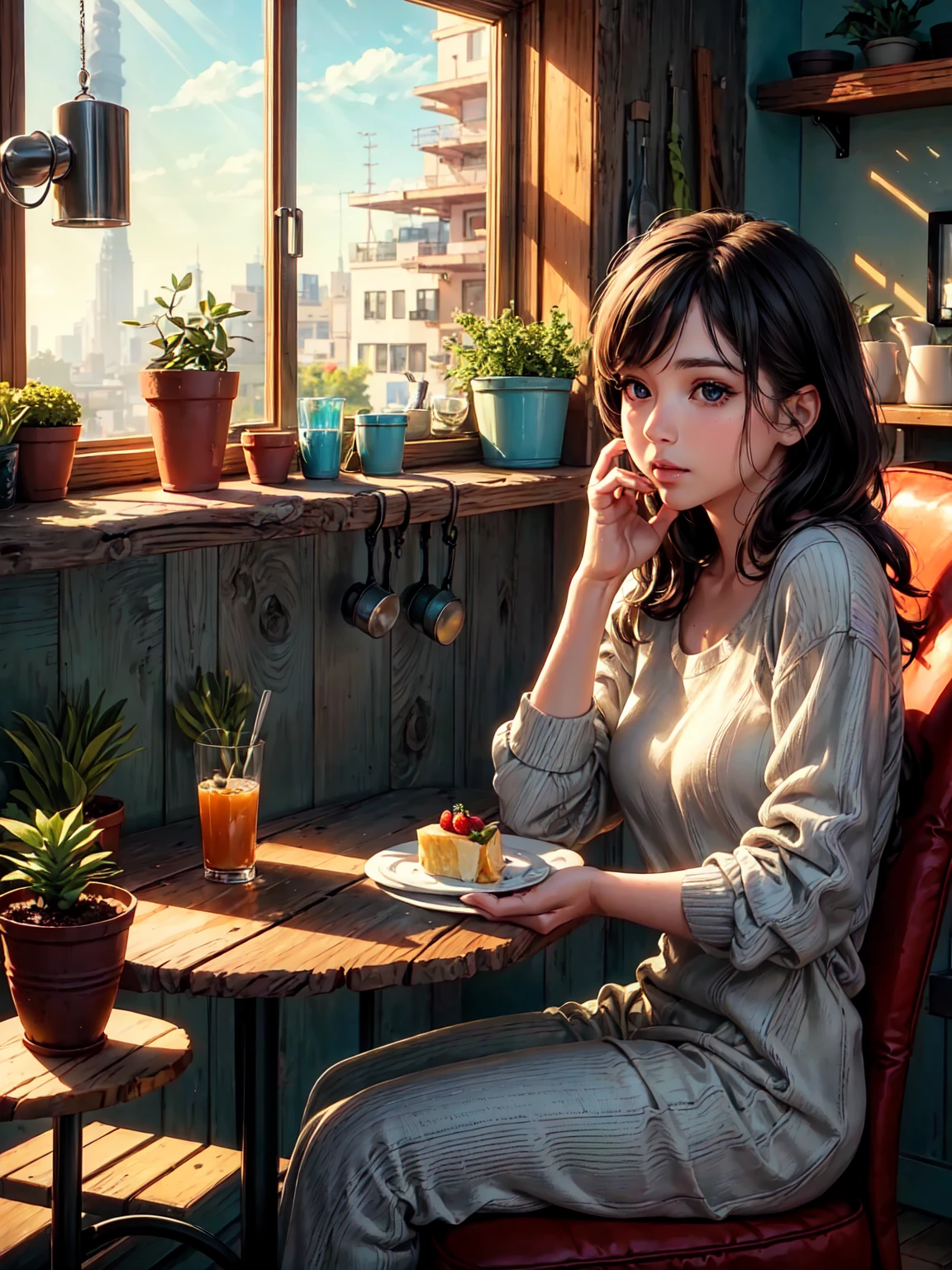 a girl eating breakfast, detailed face, (best quality, 4k, 8k, highres, masterpiece:1.2), ultra-detailed, (realistic, photorealistic, photo-realistic:1.37), beautiful detailed eyes, beautiful detailed lips, extremely detailed eyes and face, long eyelashes, morning light, warm color tones, soft natural lighting, delicate porcelain skin, elegant expression, sitting at the table, plate of food, glass of juice, cozy kitchen interior, window with a view, potted plants, wooden furniture