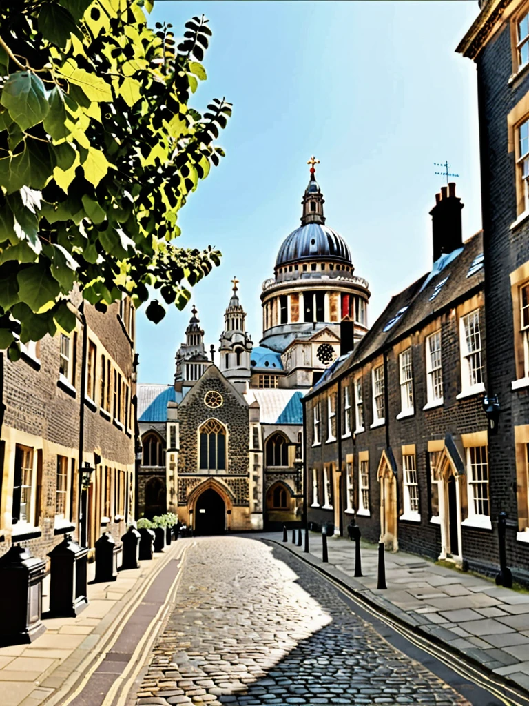 Create an posterdepicting 18th-century London based on Iʻtiṣām al-Dīn's "The Wonders of Vilayet."  Location : London (Vast, beautiful city with the Thames River bustling with ships.) ,The Tower of London (Ancient black stone fort with armories and a massive Scottish gun.), Brick buildings, stone churches, and St. Paul’s Cathedral with a stained glass cupola, Water supply channels, broad stone-paved streets, pedestrian walkways, and street lamps, Shops with glass windows, houses with engraved names and trade signs. Haymarket Bazaar, giantess exhibition, and vibrant displays. Tree-lined walks, pavilions, and music performances. Oxford (Ancient buildings with dark stone, lead roofs, and shaped gardens.)