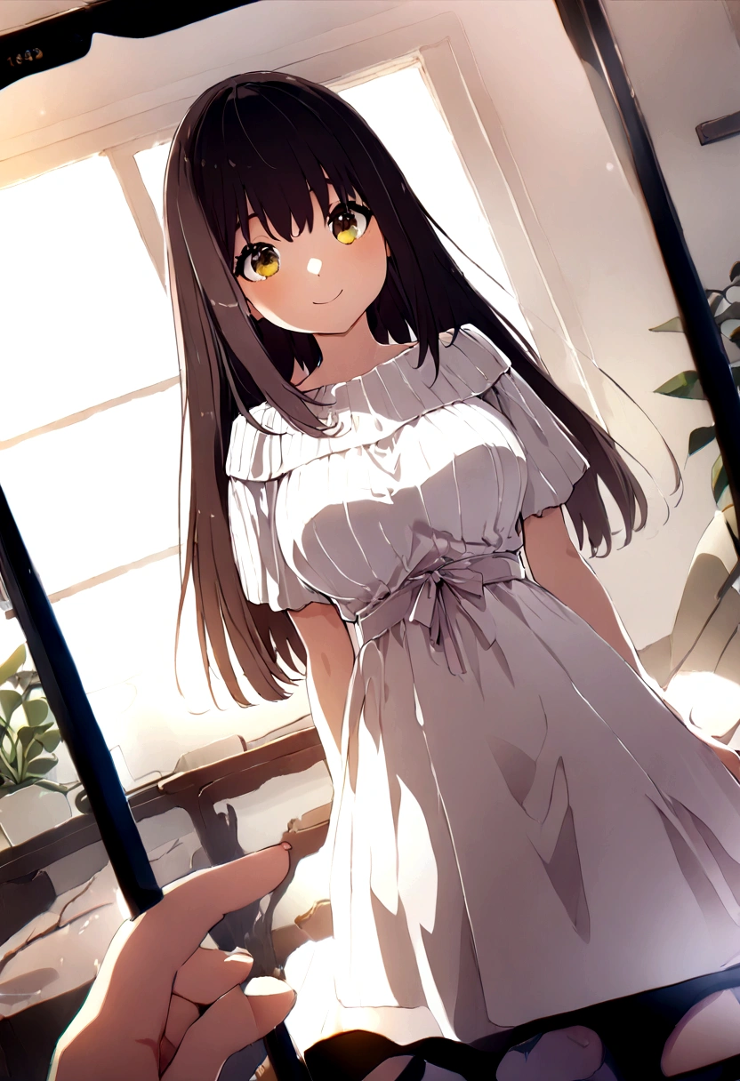 ((1girl)), super fine illustration, vibrant colors, absurdres extremely detailed CG, 8k wallpaper, (masterpiece:1.3), dynamic angle, dynamic pose,
best quality, depth of field, cinematic lighting, ultra detailed, brown long hair, very straight hair, large breast, white knit dress , 20yo, cute, kawaii, smile, droopy eyes, arms at sides, smartphone, modern living room, Showing the screen of the smartphone to you