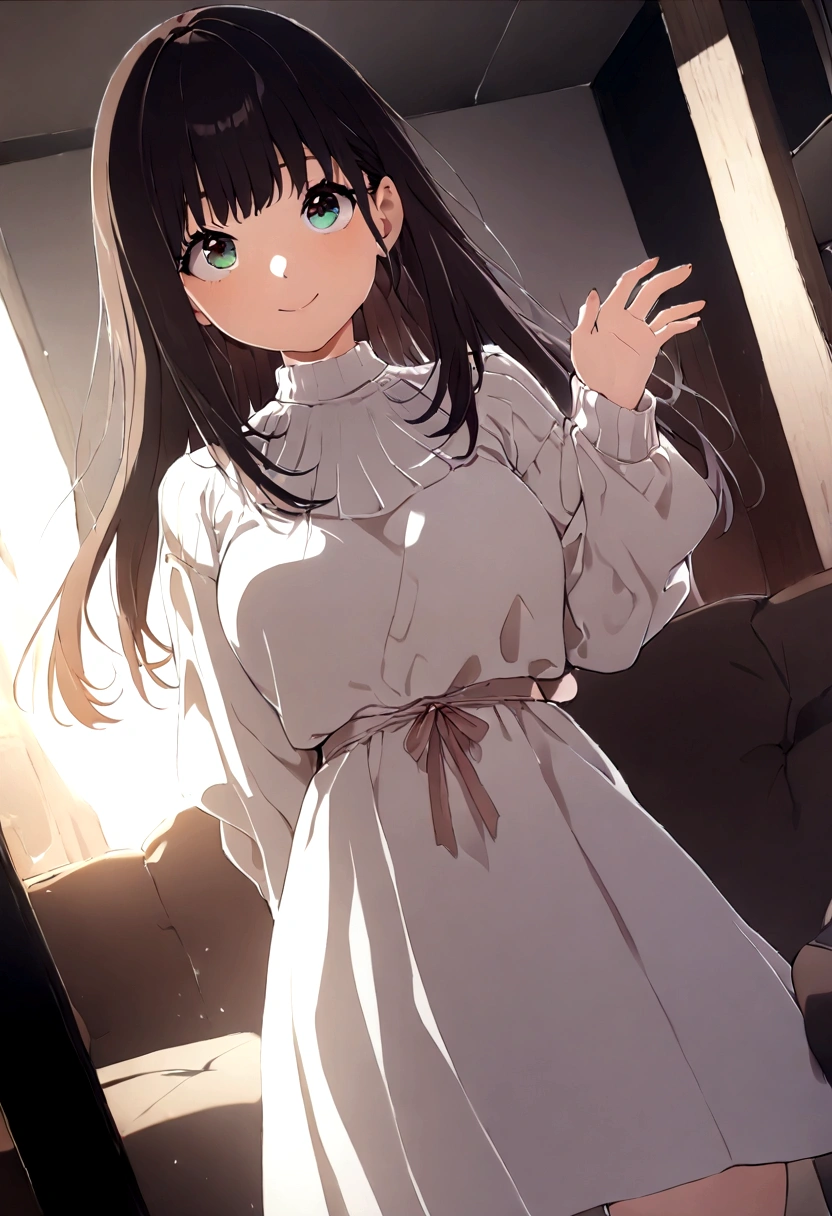 ((1girl)), super fine illustration, vibrant colors, absurdres extremely detailed CG, 8k wallpaper, (masterpiece:1.3), dynamic angle, dynamic pose,
best quality, depth of field, cinematic lighting, ultra detailed, brown long hair, very straight hair, large breast, white knit dress , 20yo, cute, kawaii, smile, droopy eyes, arms at sides, smartphone, modern living room, Showing the screen of the smartphone to you